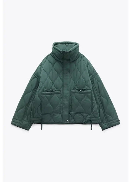 2024 ETJ Quilted Women's Coat – Beige Drawstring High Neck Jacket with Ties & Pockets