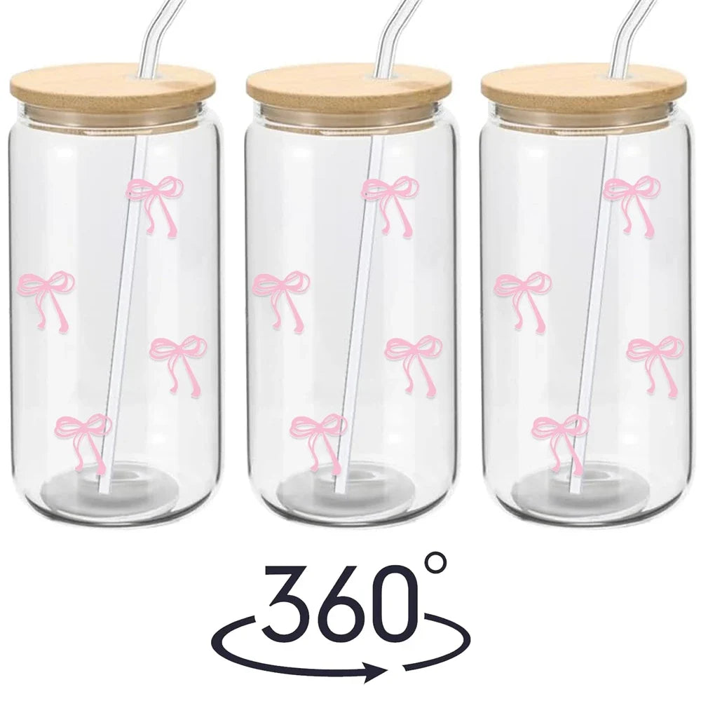 500ml Pink Bow Glass Tumbler with Lid & Straw - Cute Cup for Iced Coffee, Matcha, Smoothies & Juice