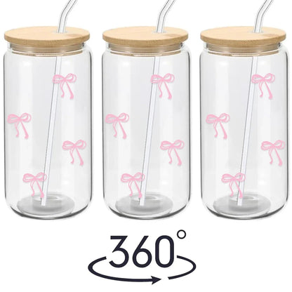 500ml Pink Bow Glass Tumbler with Lid & Straw - Cute Cup for Iced Coffee, Matcha, Smoothies & Juice