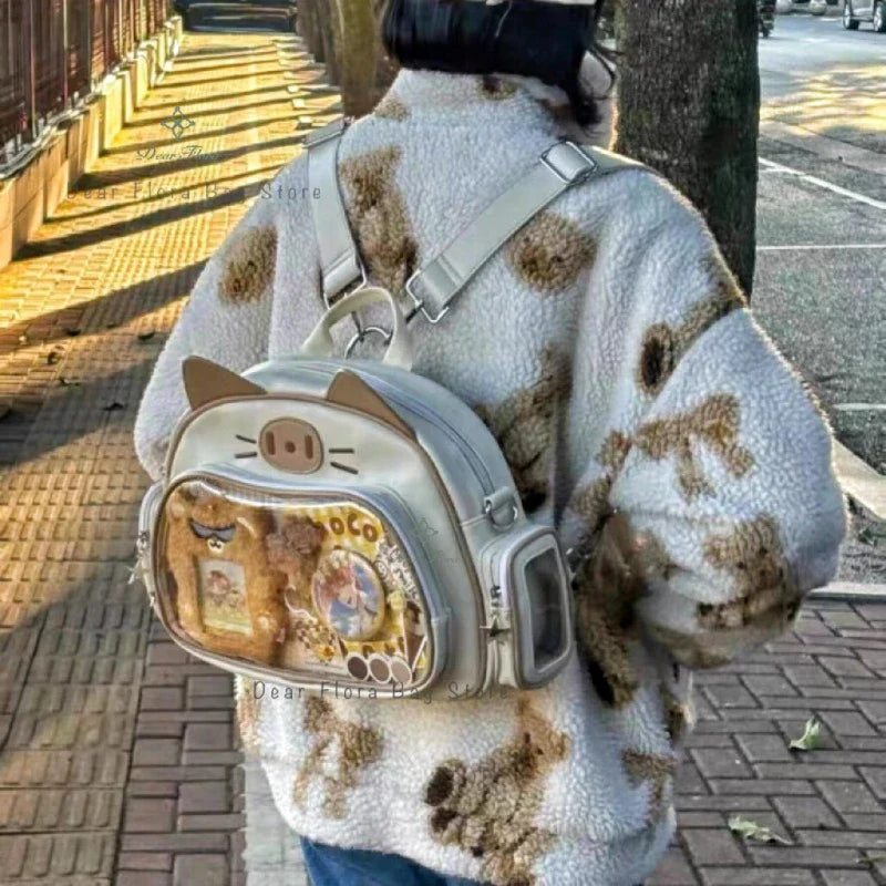 Y2K Korean Kawaii Cat Ita Bag — Cute PU Transparent Shoulder & Crossbody Bag for Girls, Harajuku Style Backpack