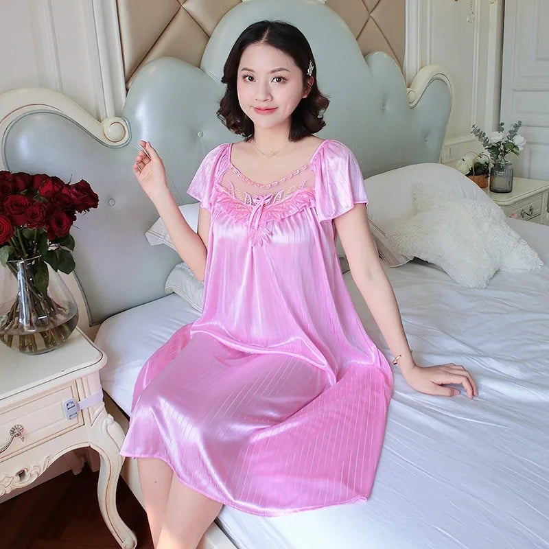 Midnite Star Women’s Ice Silk Sleepwear Set – V-Neck Lace Nightdress Pyjamas, Homewear Nightgown, Plus Size