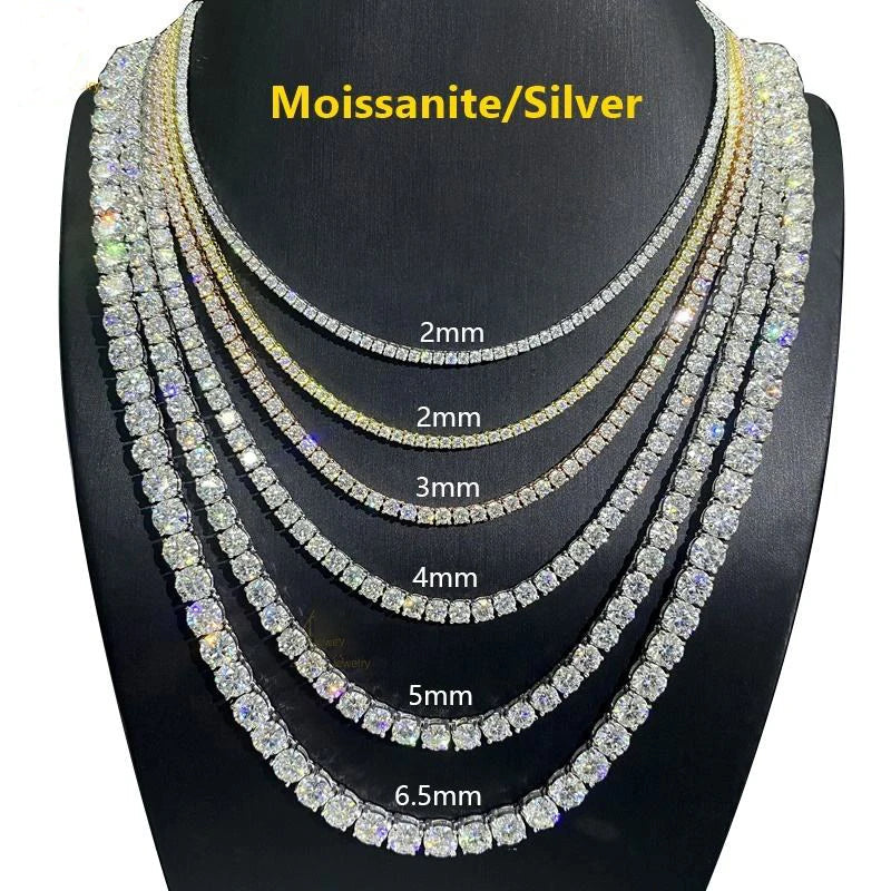 3–6.5MM D Color Moissanite Tennis Bracelet & Necklace Set – Hip Hop S925 Sterling Silver White Gold Plated Jewelry for Men & Women