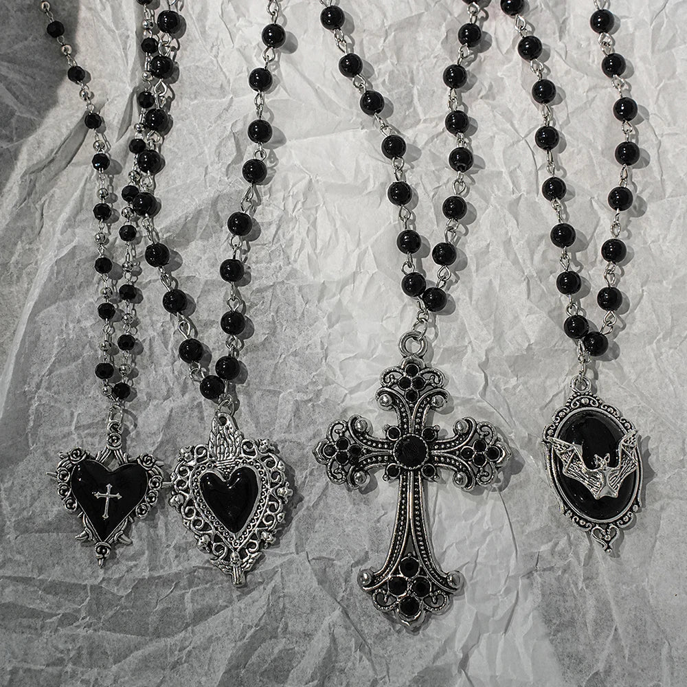 Gothic Bat Cross Necklace Set - Y2K Thorn Love Black Beaded Layered Jewelry for Halloween Parties