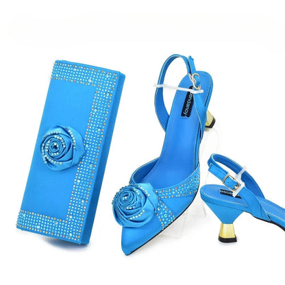 Women's Rhinestone Shoe & Bag Set - Nigerian Party Pumps with Handmade Flower Matching Bag