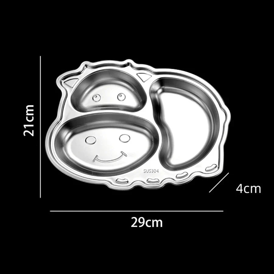 Kids Stainless Steel Dinner Plate - 304 Food Grade Cartoon Divided Plate for Breakfast, Meals, Home & Kindergarten Use
