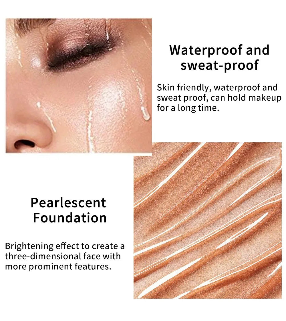 Liquid Pearlescent Foundation & High Coverage Concealer — Waterproof 3D Contour Shadow Brightening Face & Body Highlighter