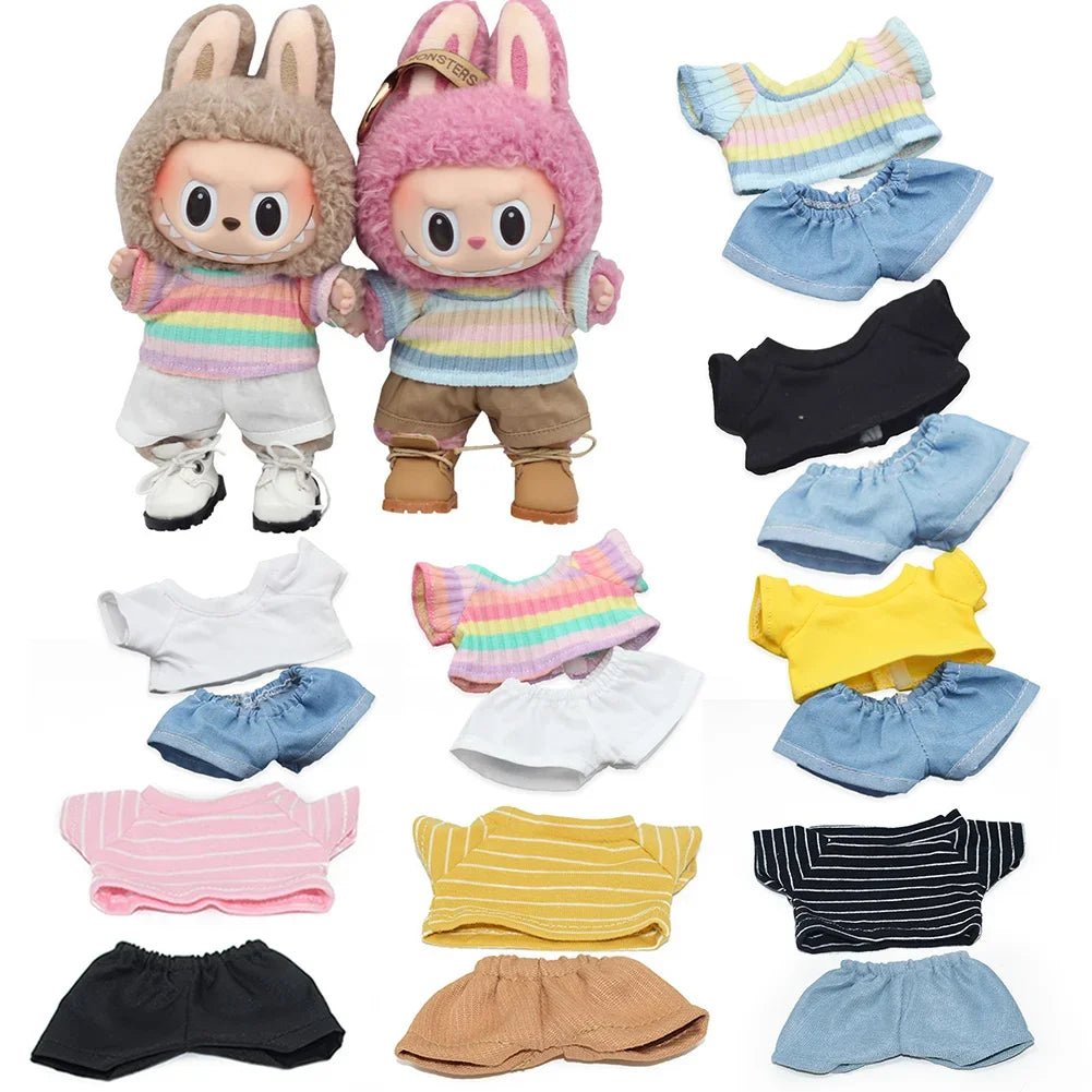Labubu Idol Doll Clothes Set – T-Shirt & Denim Shorts Outfit for 17cm Labubu & 10cm Cotoon Dolls, Doll Accessories