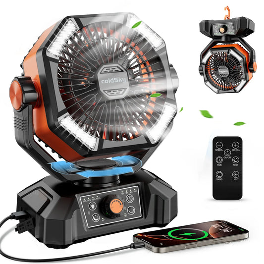 coldSky 20000mAh Portable Camping Fan with 4 LED Lantern – 8-Speed Outdoor & Desk Fan for Tent, Jobsite, Power Outages