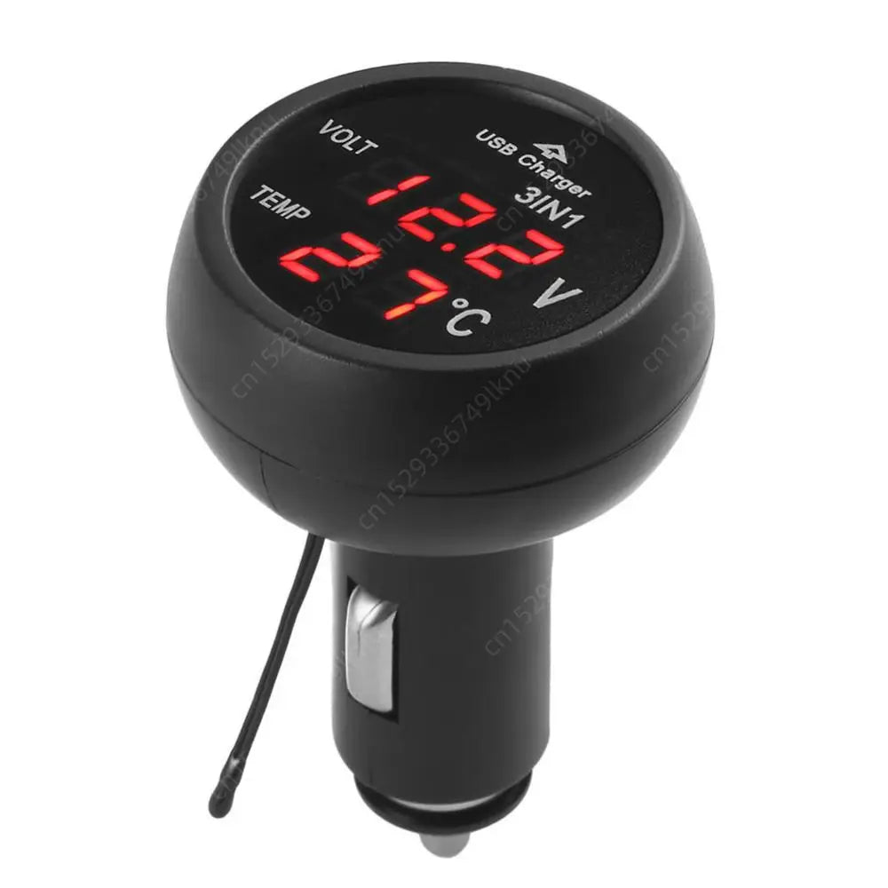 3-in-1 Car Charger & Voltmeter – 12/24V USB Charger with Thermometer, LED Digital Display & Current/Volt Detector