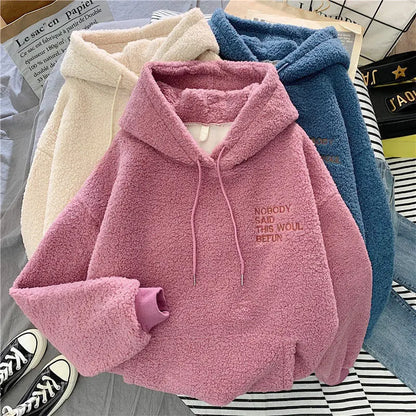 Women's Warm Fluffy Hoodie - Autumn Winter Lamb Wool Fleece Pullover Sweatshirt with Letter Print