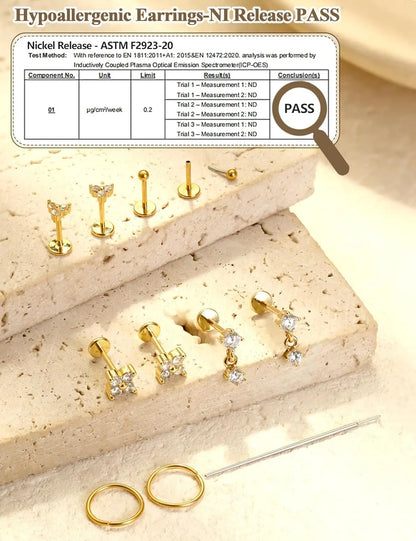 14K Gold Plated CZ Flat Back Stud Earrings – 316L Surgical Steel Threadless Nose, Helix & Cartilage Piercing Jewelry