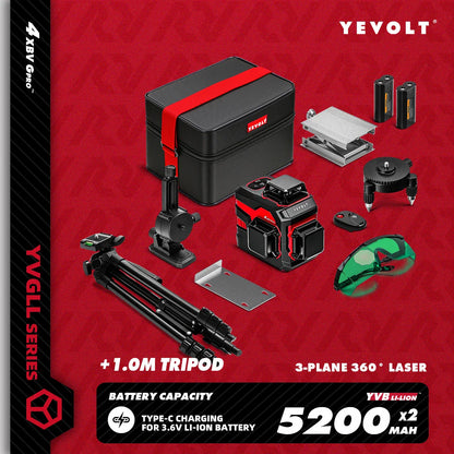 YEVOLT YVGLL4XS12 12-Line Green Laser Level – ±0.2mm/m Precision, IP54 Waterproof, Auto-Leveling with Slope Mode