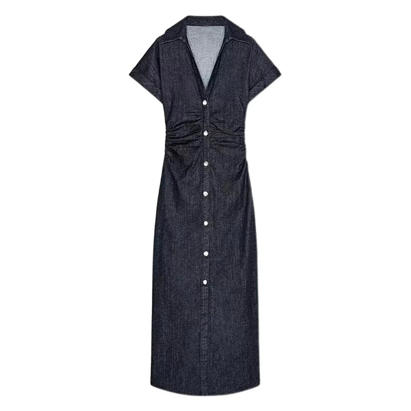 Elegant Pleated Denim Dress for Women – 2025 Chic Slim Fit Lapel Vestido with Short Sleeves & Single-Breasted Design