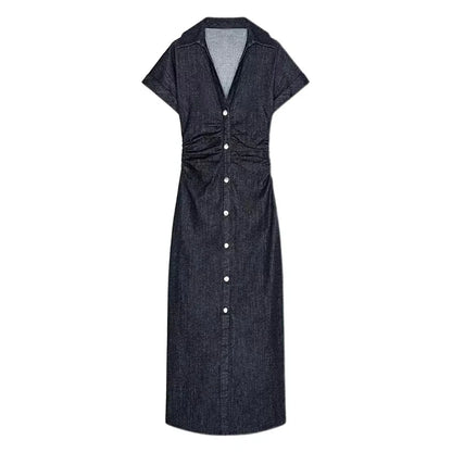 Elegant Pleated Denim Dress for Women – 2025 Chic Slim Fit Lapel Vestido with Short Sleeves & Single-Breasted Design
