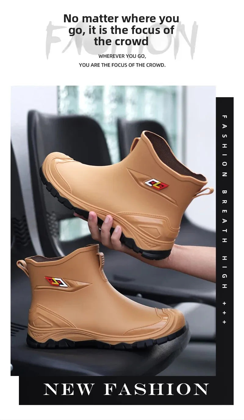 Men’s Ankle-High Fleece-Lined Rain Boots – Waterproof, Anti-Slip, Wear-Resistant Work & Fishing Shoes