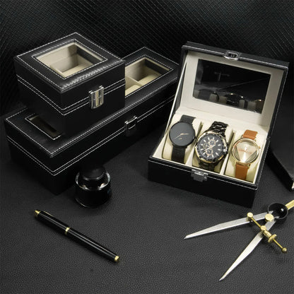 PU Leather Watch Display Box — Glass Top Storage Organizer with Slots for Men’s Watches, Perfect Gift
