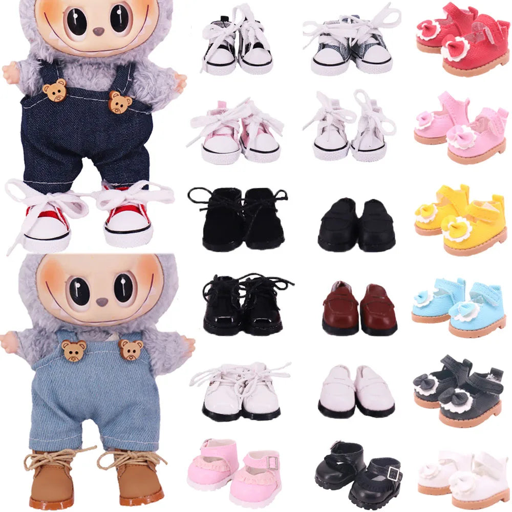 3.8cm Doll Shoes for 17cm Labubu Doll — Solid Color Lace-Up Canvas PU Shoes, Doll Clothing Accessories & Girl’s Toy Gift