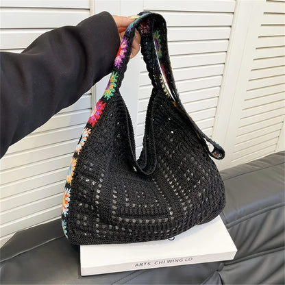Women’s Boho Crochet Tote Bag – Floral Knitted Large Capacity Beach Shoulder Bag Summer Woven Shopper Handbag