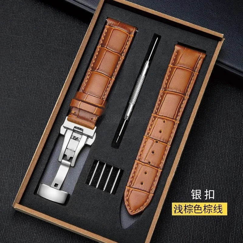 Universal Genuine Leather Watch Band 12–24mm with Butterfly Clasp – Premium Strap for Men & Women (Gift Box Included)