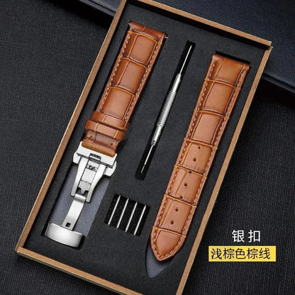 Universal Genuine Leather Watch Band 12–24mm with Butterfly Clasp – Premium Strap for Men & Women (Gift Box Included)