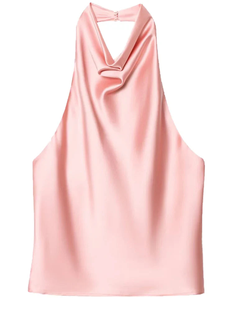 Women's Satin Halter Corset Top – Backless Elegant Sexy Summer Tank Vest in Yellow Pink Black