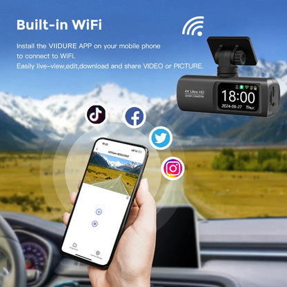 UHD 4K Dash Cam Dual Lens – 1080P Rear Lens, Built-in WiFi, GPS, 24-Hour Parking Monitoring Car DVR