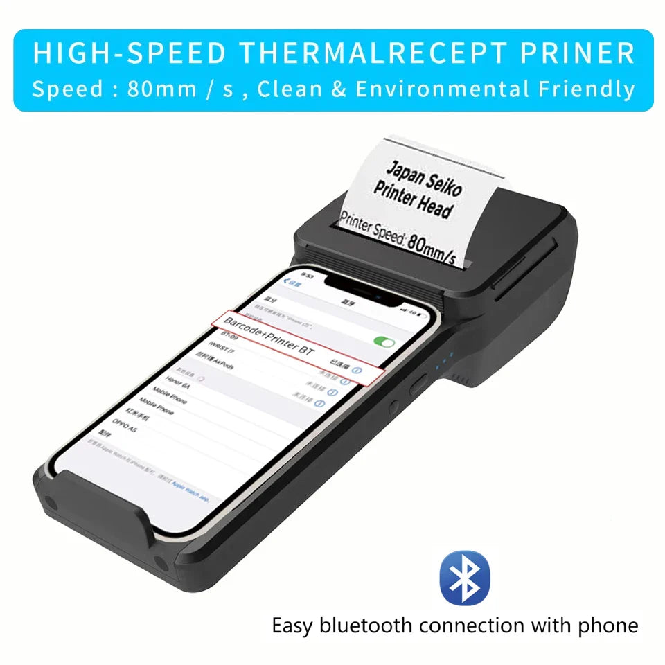 58mm Thermal Printer & 2D Bluetooth Scanner - 2-in-1 Mobile Back Clip with 7.4V 3000mAh Battery