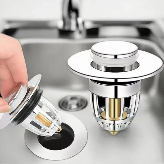 Universal Pop-Up Sink Drain Stopper – Chrome Rebound Plug Filter with Hair Catcher for Bathroom Basin Easy Push Type