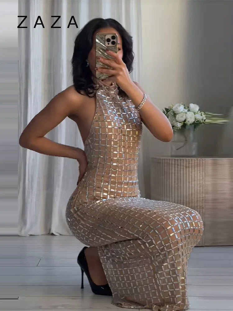 Zaza Chic Elegant Shiny Maxi Dress – Sleeveless High Neck Slim Fit Party Dress for Women