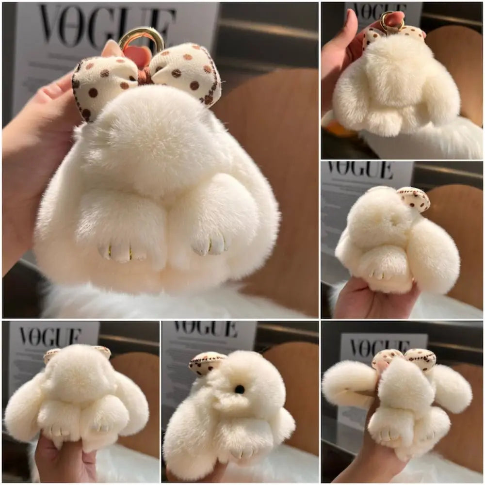 Cute Fluffy Bunny Fur Keychain – Plush Pom Pom Bag Charm and Car Key Ring with Hair Bow