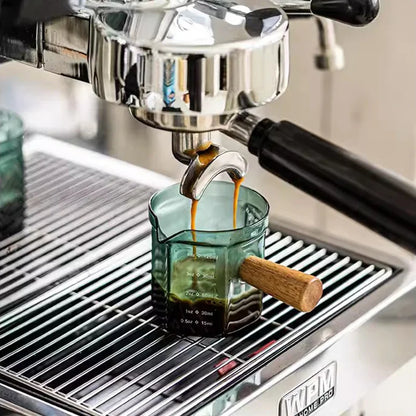 120ml Glass Espresso Measuring Cup with Wooden Handle — Hexagon Coffee Milk Jug & Sauce Pitcher
