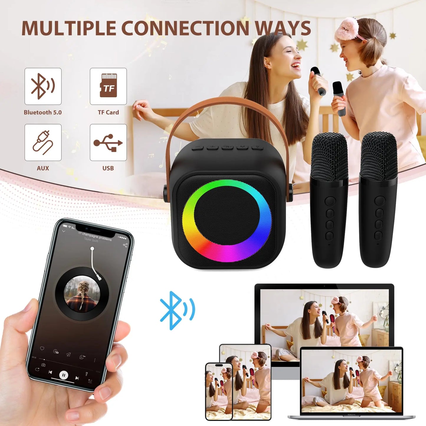 Haomuren Portable Karaoke Machine – Mini Bluetooth Speaker with 1-2 Wireless Microphones, Singing Toy for Kids & Family Party Gift