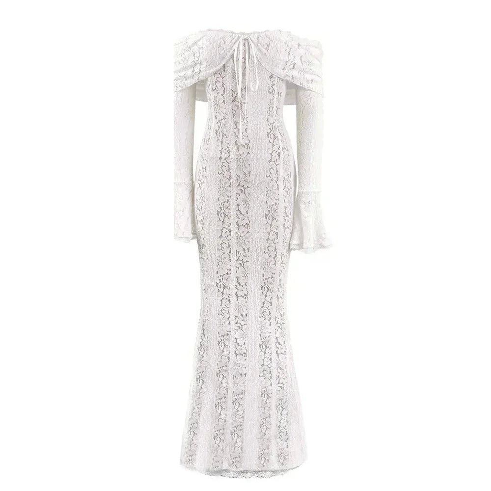 Suninheart White Off-Shoulder Bodycon Dress – 2025 Elegant Lace Long Sleeve Maxi Dress for Women, Wedding Guest Outfit