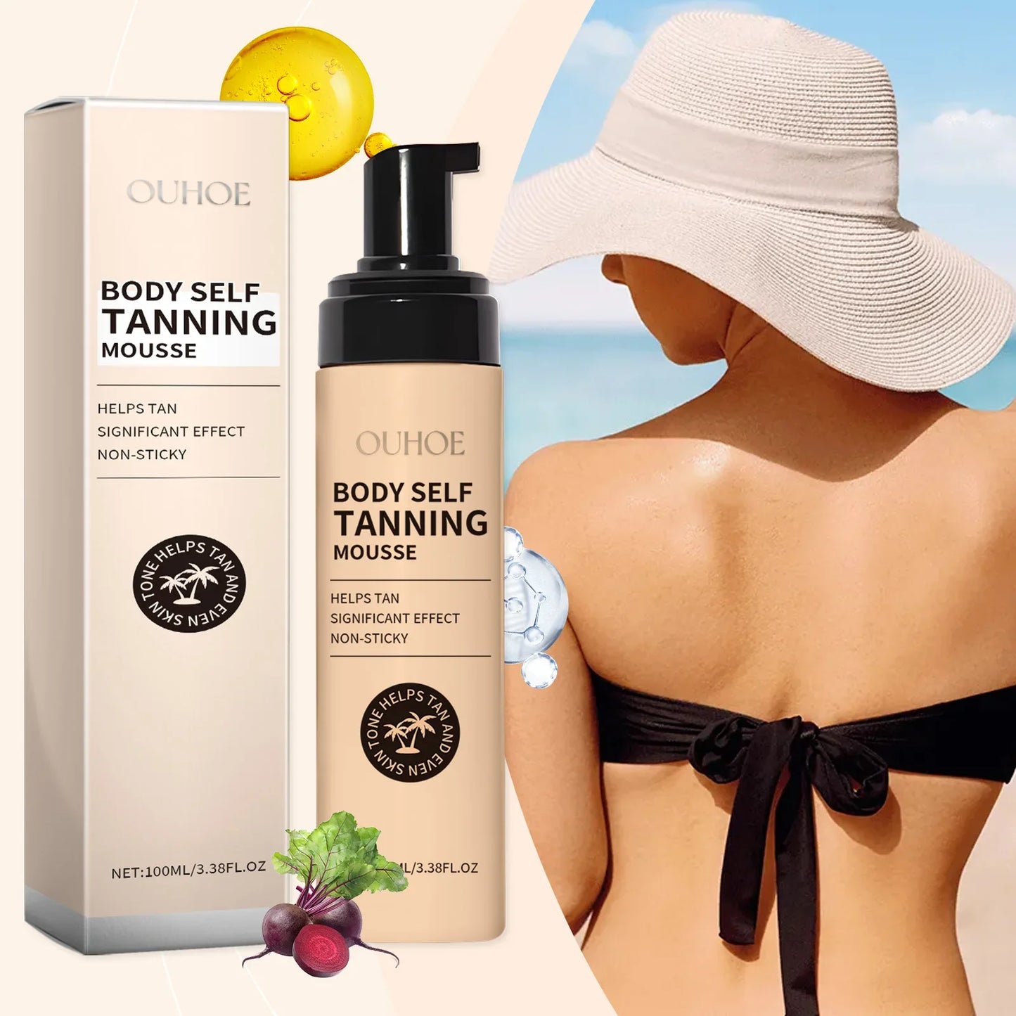 Body Self Tanning Mousse — Quick Natural Bronze Tan Foam for Face & Body, Sunless Fake Tan Bronzer