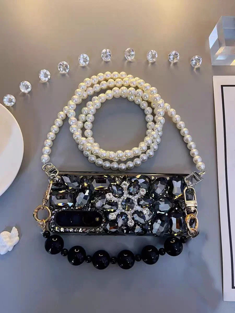 Luxury Crystal Diamond Phone Case for Samsung Galaxy Z Fold 6/5/4/3 – Pearl Wrist Strap & Stand Holder Cover