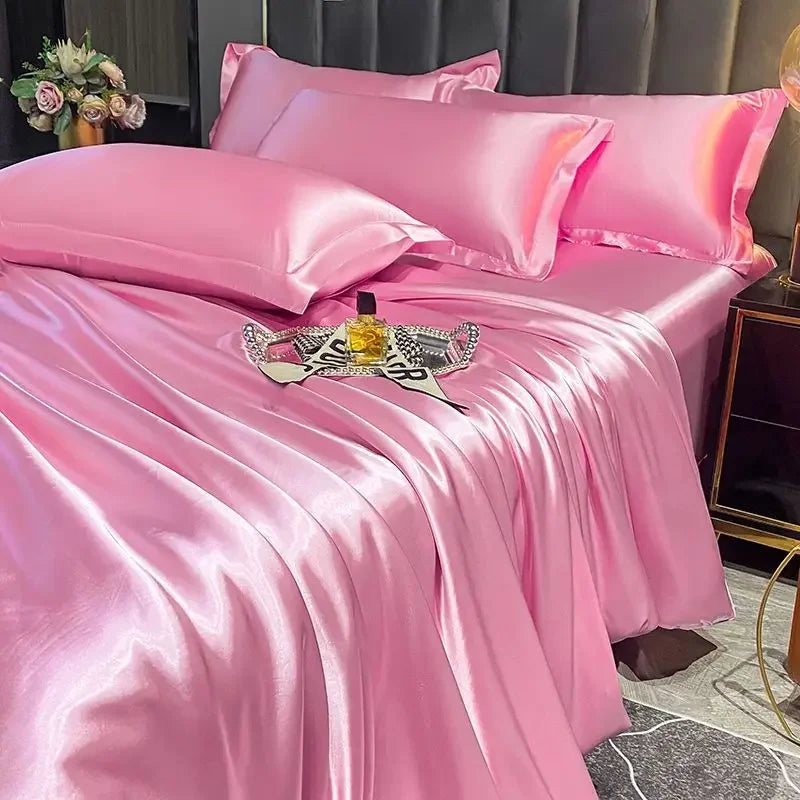 Nordic Silk Bedding Set With Duvet Cover - Luxury Solid Color Bed Sheet & Pillowcase Set For Single Double Couple Summer Bed Linen