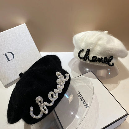 Luxury Fashion Letter Pearl Angora Fur Beret – Women's French Painter Hat, Warm Knitted Octagonal Walking Cap