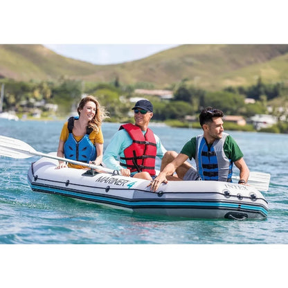 4-Person Inflatable Boat Set – Includes Aluminum Oars & High Output Air Pump for Fishing and Boating in Rivers & Lakes