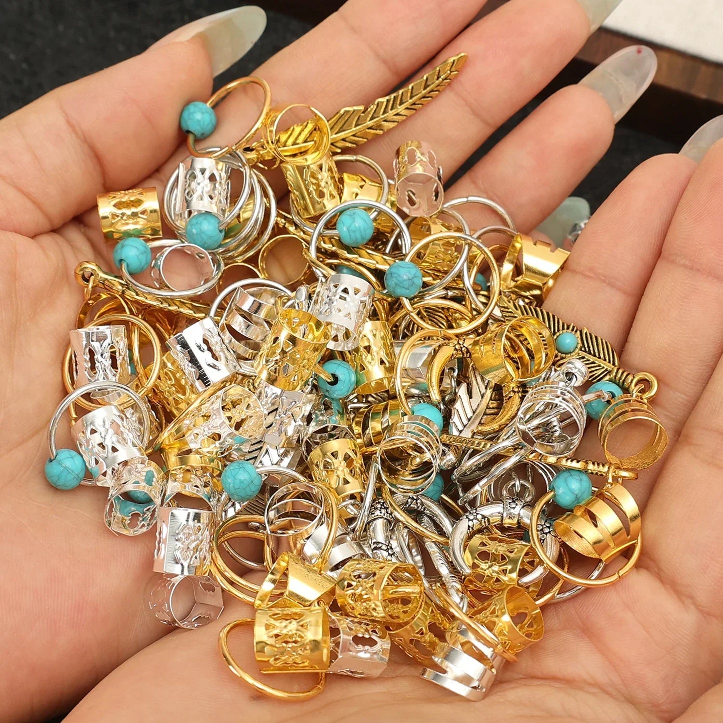 31PCS Turquoise Hollow-Out Hair Rings — Dreadlock & Braid Beads, Hair Braid Tubes Charm Jewelry for Styling