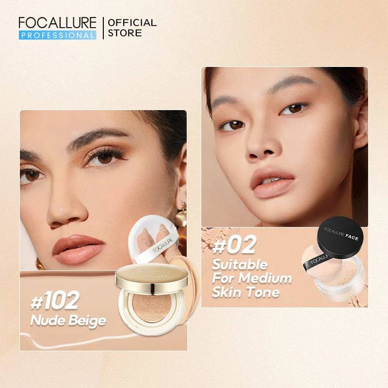 FOCALLURE Air Cushion BB Cream – Poreless, Waterproof, Long-Lasting Matte Foundation & Brightening Concealer with Puff