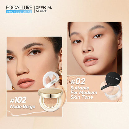 FOCALLURE Air Cushion BB Cream – Poreless, Waterproof, Long-Lasting Matte Foundation & Brightening Concealer with Puff