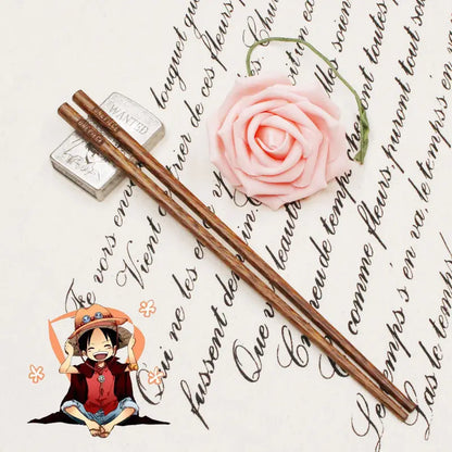 2 Pairs ONE PIECE Wooden Chopsticks – Anime Cartoon, Non-Slip, Reusable Tableware for Lunch, Sushi, with Belt Bag Accessory