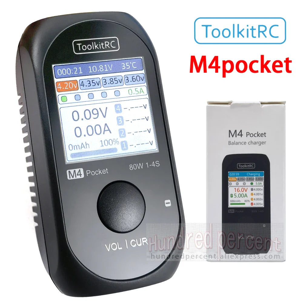 ToolkitRC M4Pocket V2 80W Mini Smart Charger – 5A Compact Outdoor USB-C Charger with XT30/XT60 Output for 1-4S LiPo, LiHV & LiFe Batteries