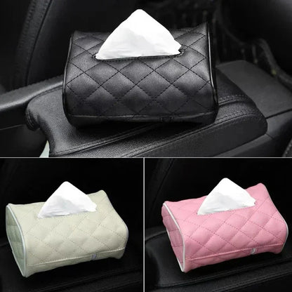Checkered Leather Car Tissue Box – Solid Color, Wear-Resistant Sunshade Hanging Bag with Buckle Strap, Easy Installation