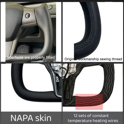 350mm Heated Yoke Steering Wheel – Custom NAPPA Leather Accessory for Tesla Model 3/Y (2018–2024)