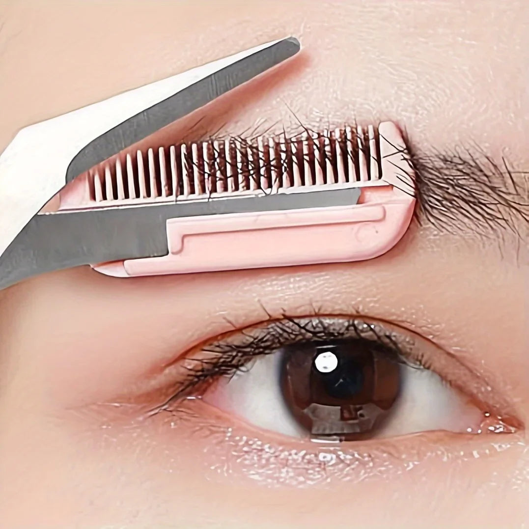 Pink Eyebrow Trimming Scissors with Comb – Stainless Steel Precision Grooming Tool