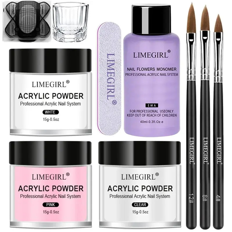 Acrylic Powder and Liquid Monomer Nail Art Kit – Crystal Glitter, 3D Tips, Carving Tools for Manicure Decoration