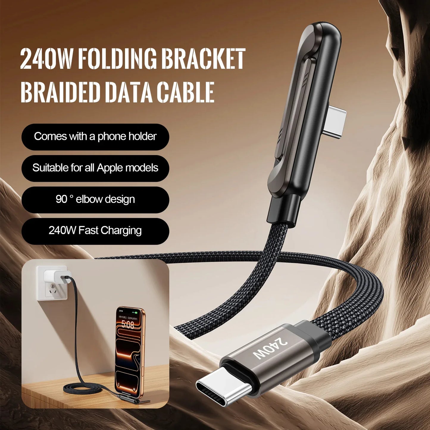 240W 2-in-1 USB-C Fast Charging Cable with Foldable Stand – Type-C Data & Desktop Holder Cord for iPhone 17/16