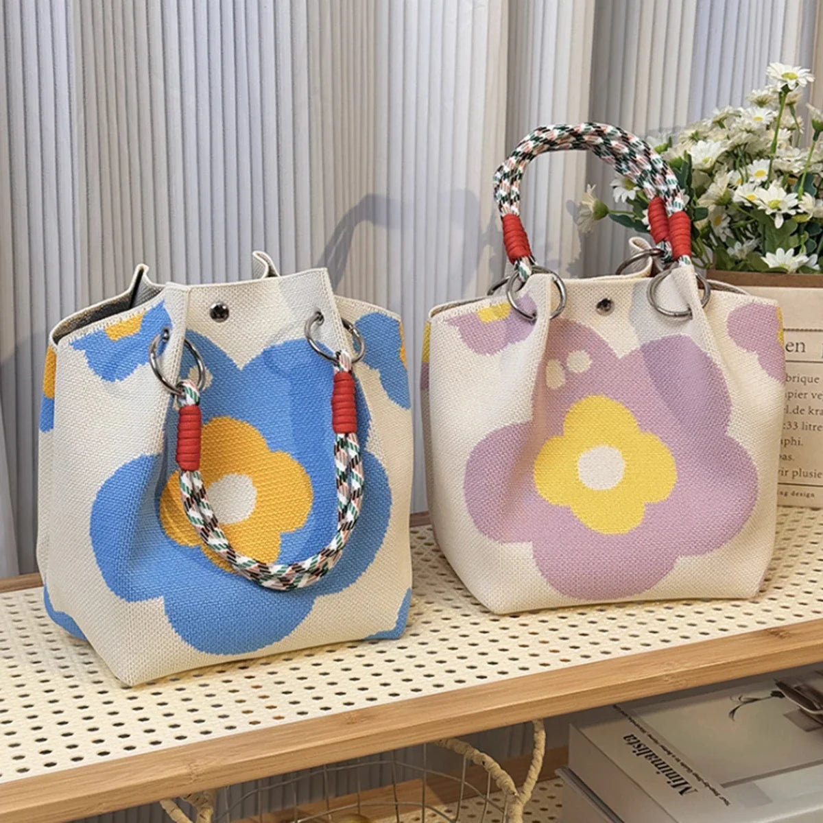 Multi-Color Knitted Retro Bucket Handbag – Color-Block, Versatile & Easy-to-Carry Purse
