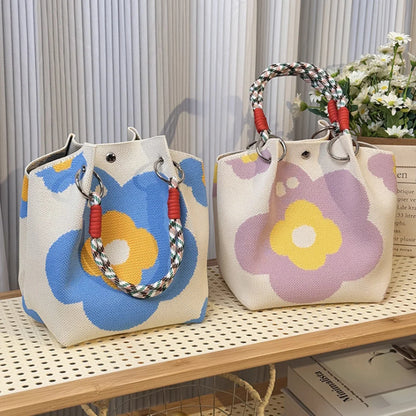 Multi-Color Knitted Retro Bucket Handbag – Color-Block, Versatile & Easy-to-Carry Purse
